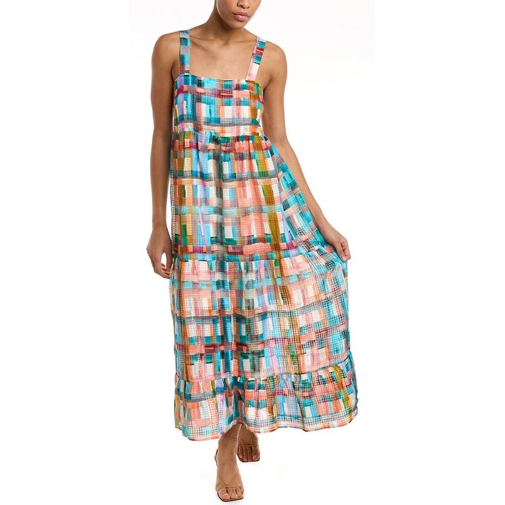 Marie Oliver Petra Multicolor Plaid‎ Sleeveless Square Neck Flounce Midi Dress S